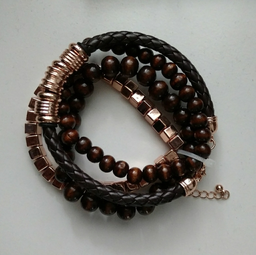 NWOT Wood bead, braid, rose gold bracelet set